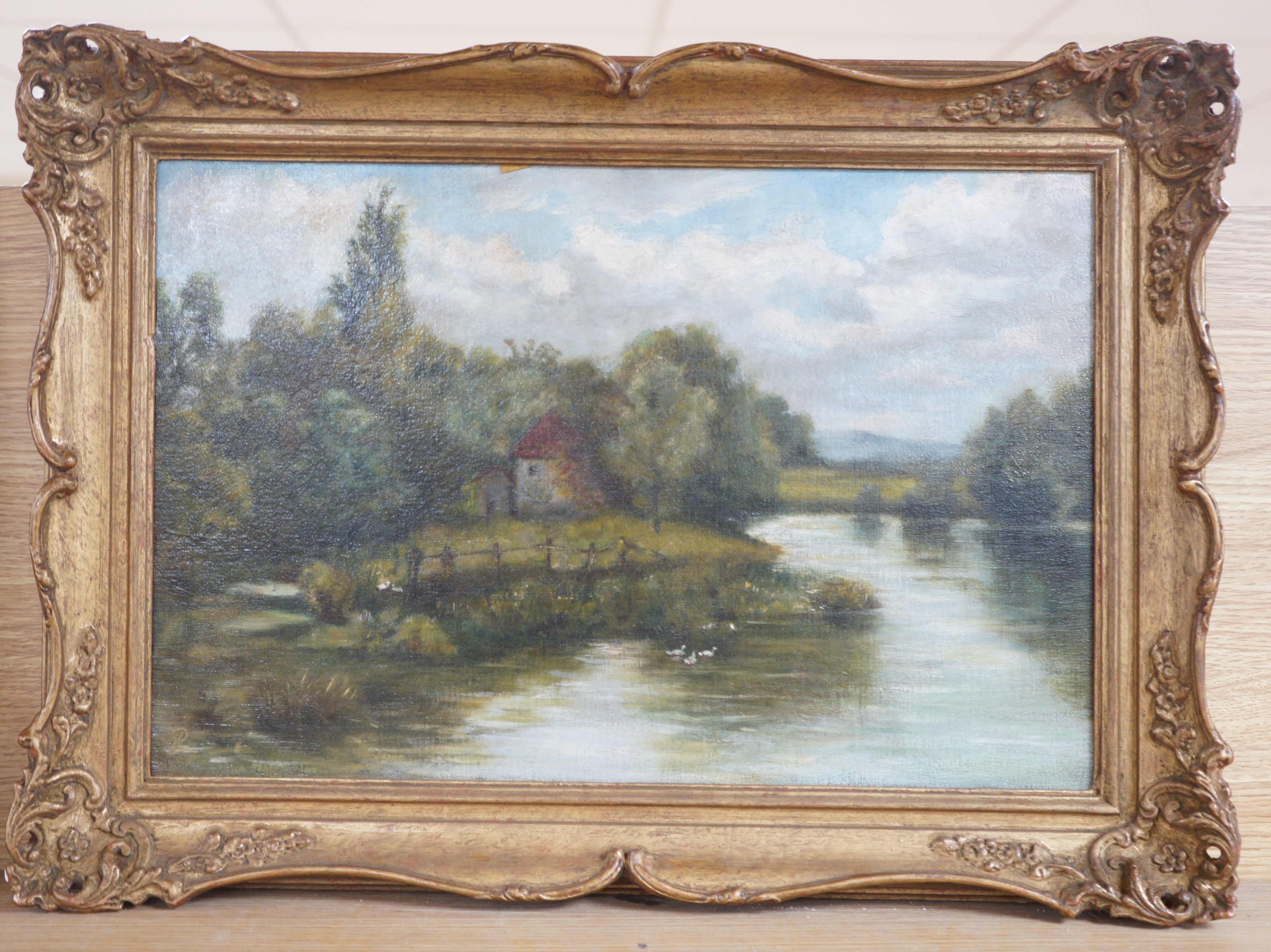 John Cuthbert Salmon (1844-1917), pair of oils on canvas, Figures in woodland and Sheep in pasture, signed, 29 x 24cm and a riverscape by another hand, 30 x 44cm
